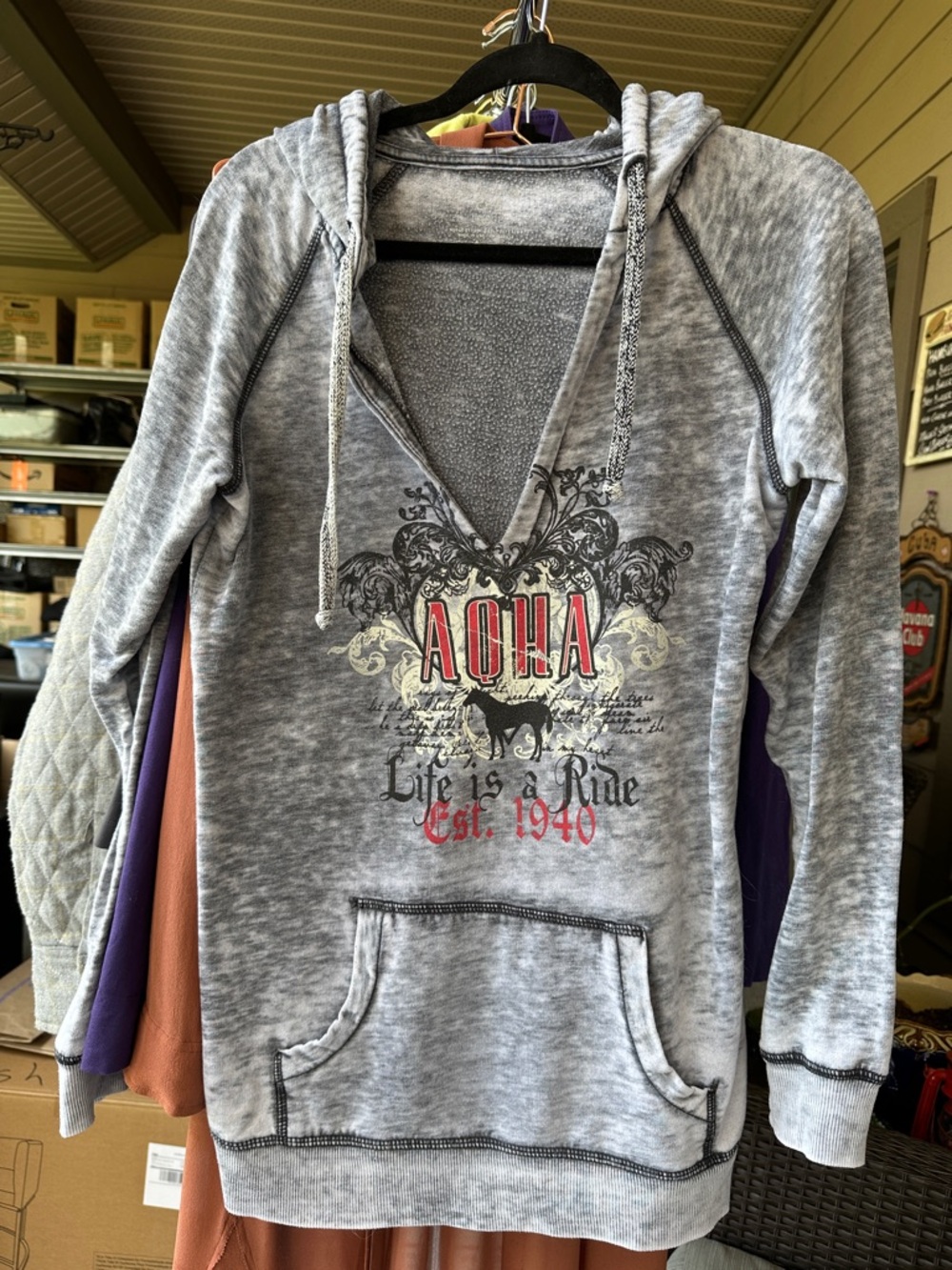 Blue 84 Gray Washed Tunic Hoodie (29” long) with Red Graphic Sz Large P2P: 20”